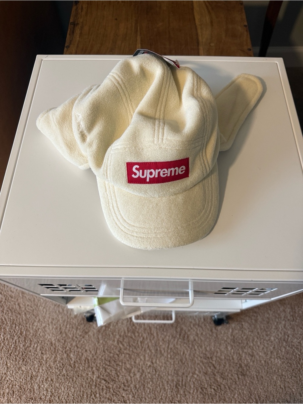 Supreme Kids Cream Fleece Hat with Red Logo Patch